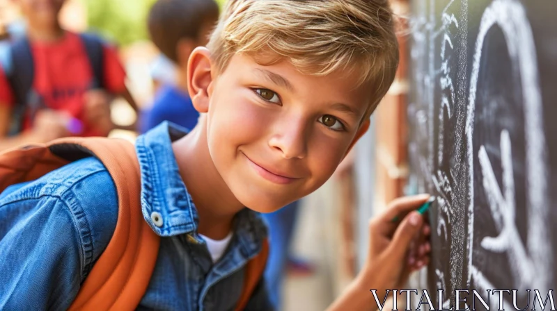 Young Boy with Smile Standing in Front of Blackboard AI Image