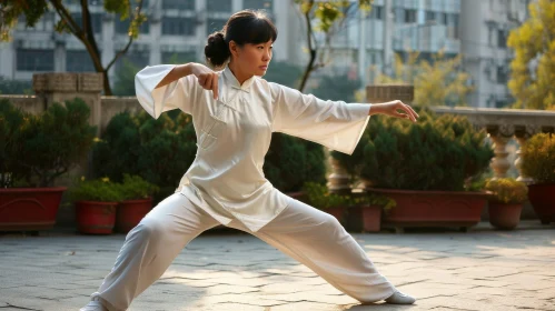 Young Woman Practicing Tai Chi in Park