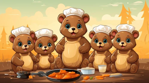 Adorable Bear Family Cooking in Forest Scene