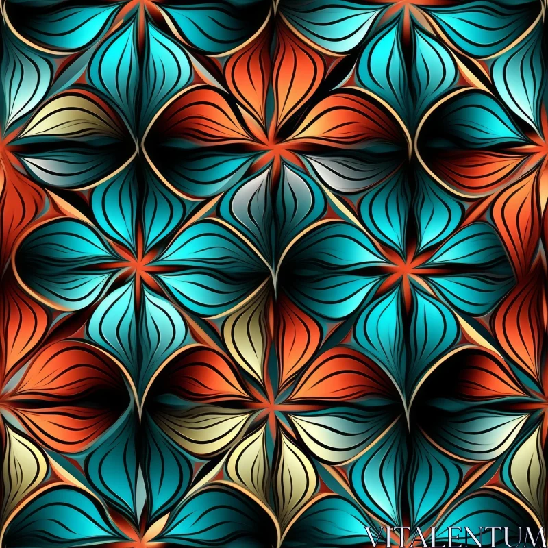 AI ART Blue and Orange Floral Pattern - Retro Design
