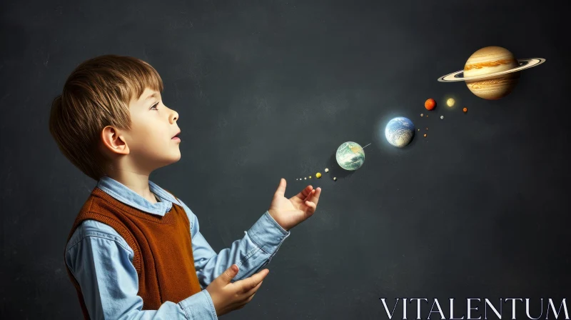 Boy Reaching for Solar System Planets | Artwork AI Image
