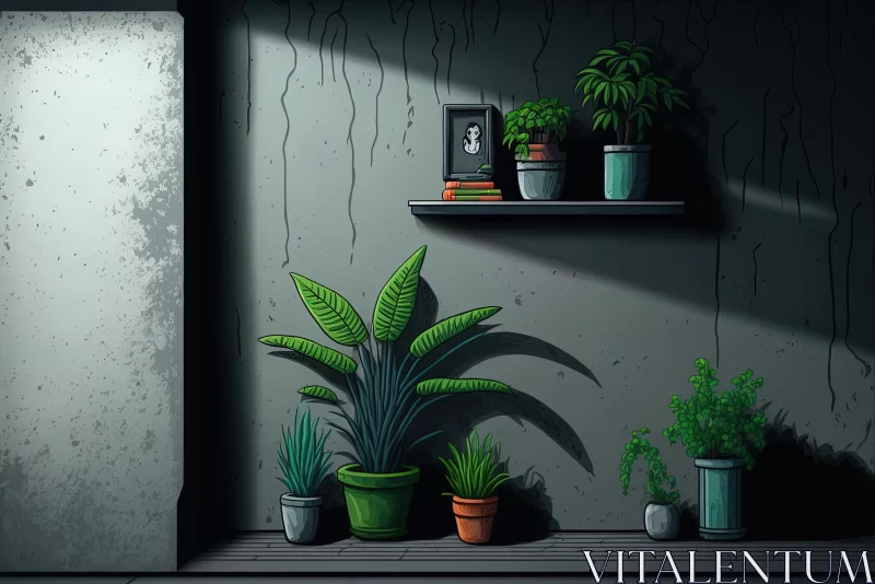Captivating Potted Plants in Dark Room: A Graphic Novel Inspired Illustration AI Image