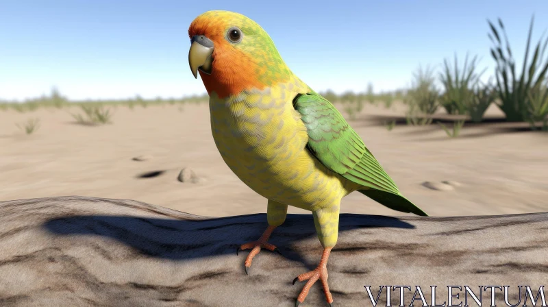 AI ART Colorful Parrot 3D Rendering on Tree Branch in Desert