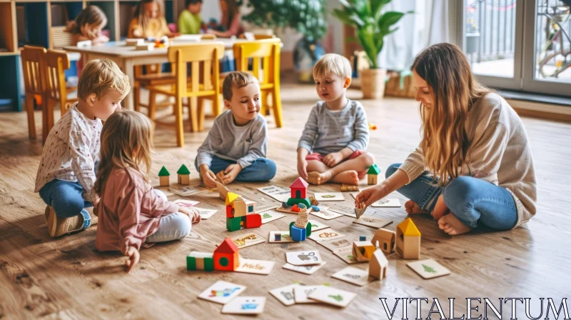 Enchanting Classroom Playtime: Children and Teacher Engaging with Wooden Blocks AI Image