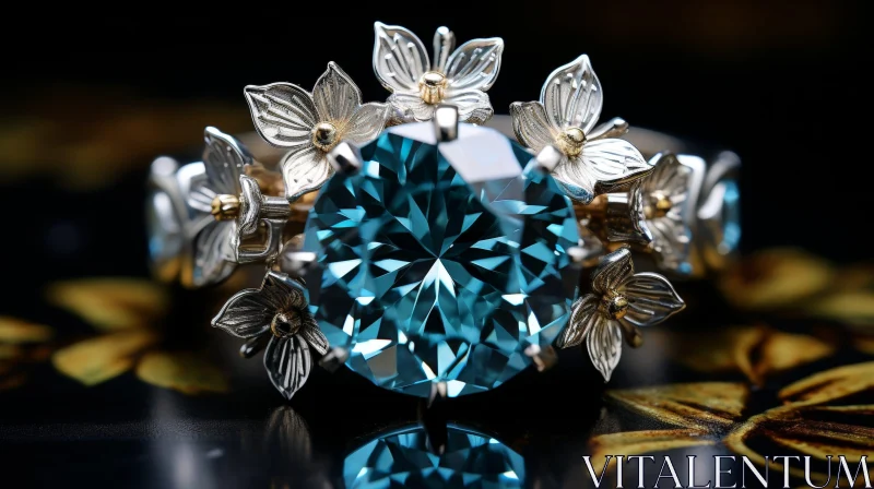 Exquisite Blue Gemstone Ring with Silver Flowers AI Image