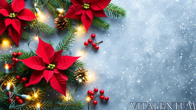 Festive Christmas and New Year Background with Poinsettia Flowers and Fairy Lights AI Image