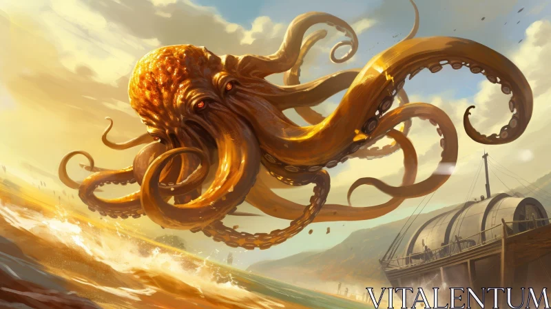 Giant Octopus Digital Painting on Beach AI Image