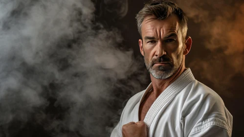 Middle-aged Man in White Karate Gi with Determined Look AI Image