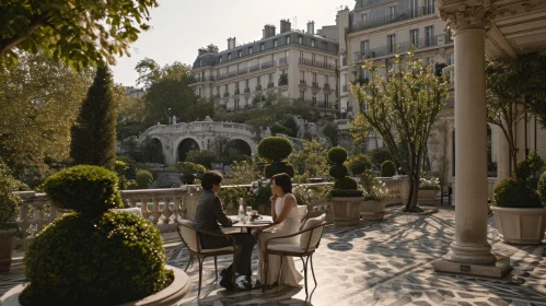 Romantic Couple on Terrace: Elegant Evening with Wine