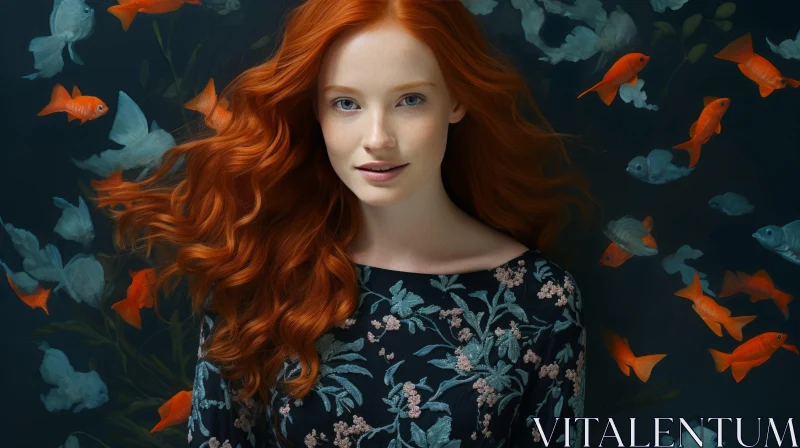 Serene Woman Portrait with Red Hair in Blue Floral Dress AI Image