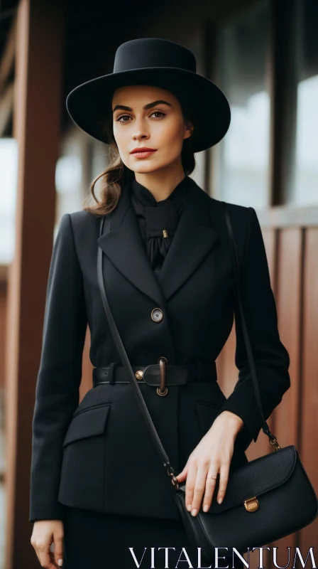 Serious and Elegant Woman Portrait in Black Suit AI Image