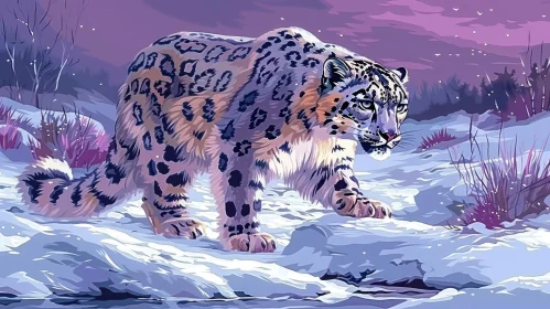 Snow Leopard Painting in Winter Landscape