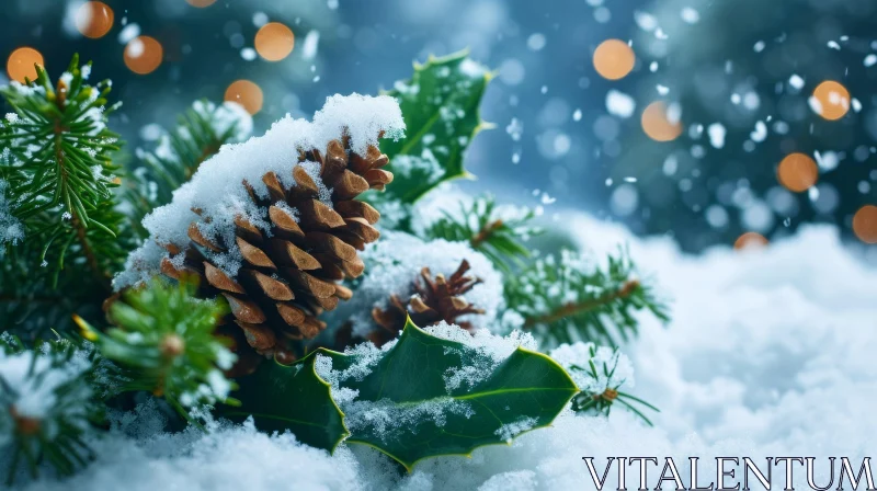 AI ART Winter Pine Cone and Holly Covered in Snow