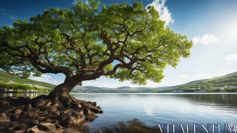 AI ART Ancient Tree by the Lake - Serene Nature Scene