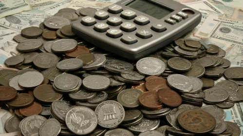 Coin Stack with Calculator on White Surface