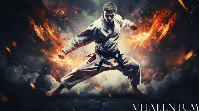 Dynamic Karate Fighter in Fiery Stance AI Image