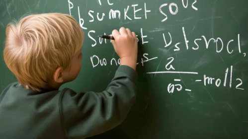 Engrossed Young Boy Writing on Chalkboard | Math Problems