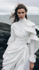 Ethereal Woman in White Dress on Rocky Shore