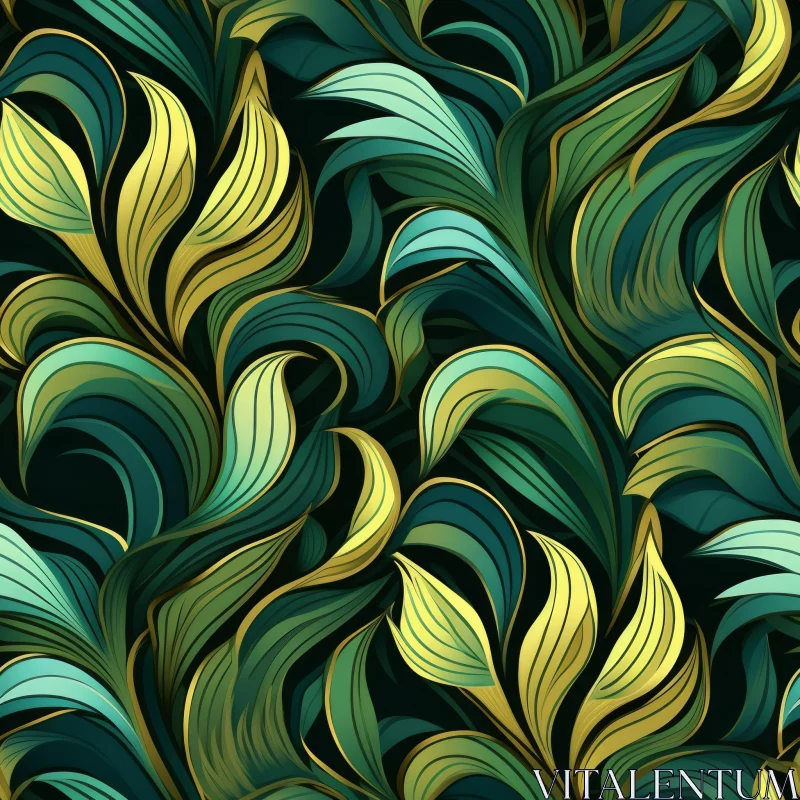 AI ART Green and Gold Leaves Seamless Pattern on Black Background
