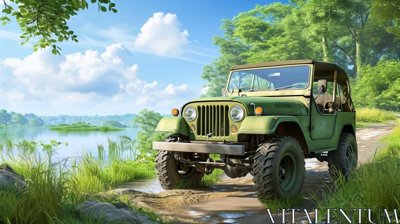 Green Off-Road Vehicle by Lake Nature Scene AI Image