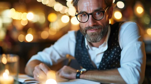 Intense Bearded Man at a Bar Table | Captivating Scene