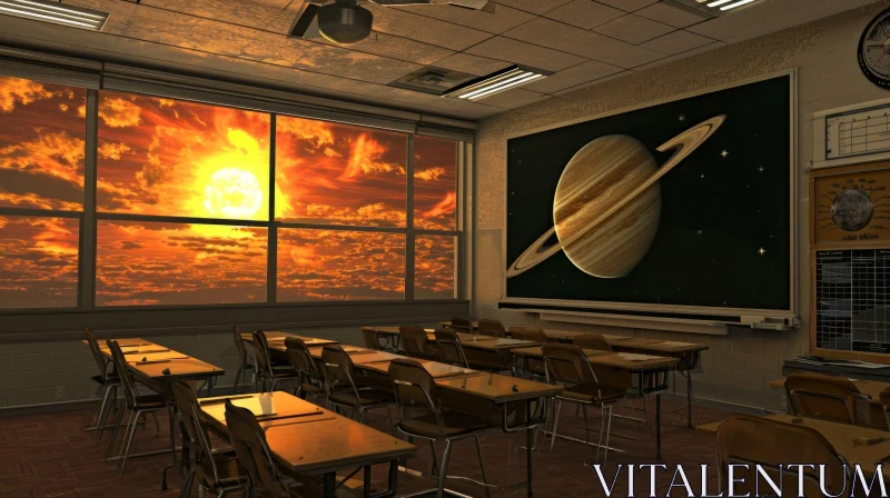 Inviting Classroom with Blackboard and Saturn Picture AI Image