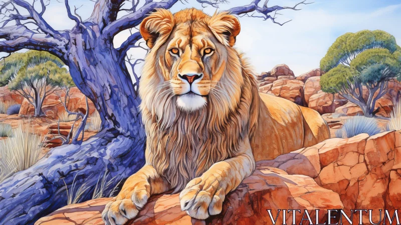 AI ART Majestic Lion Watercolor Painting in Desert