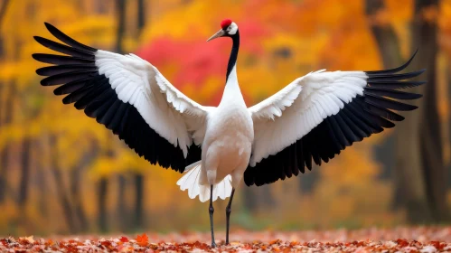 Majestic Red-Crowned Crane in Autumn Field