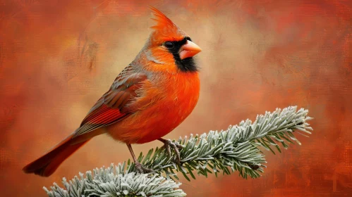 Northern Cardinal Painting on Snowy Branch
