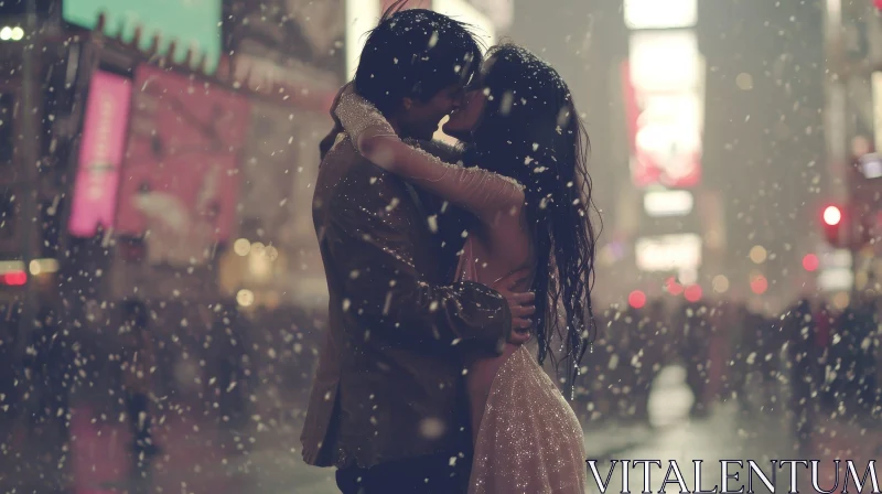 Romantic Snowy Street Kiss AI Image