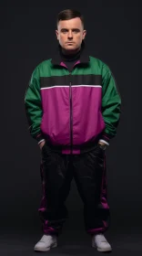 Serious Young Man in Purple and Green Tracksuit