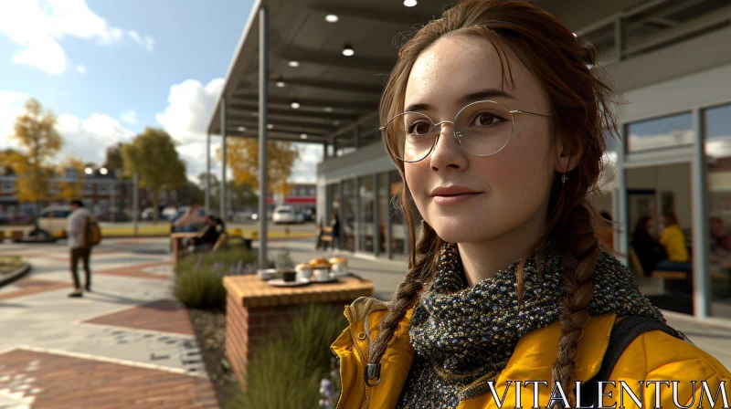 Stylish Woman Smiling Outside Coffee Shop AI Image