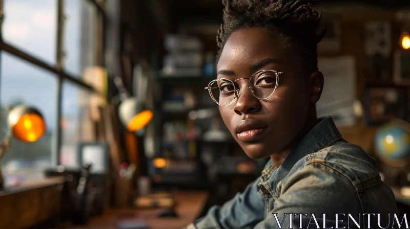 Thoughtful Young African-American Woman Wearing Glasses AI Image