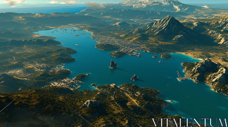 Tranquil Bay Cityscape with Mountains and Ships AI Image