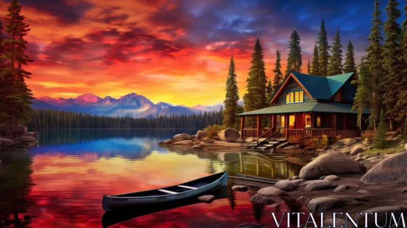 Tranquil Lake and Mountain Landscape with Cabin AI Image
