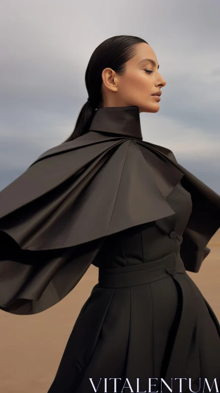 Woman in Black Dress with Cape in Desert Landscape AI Image