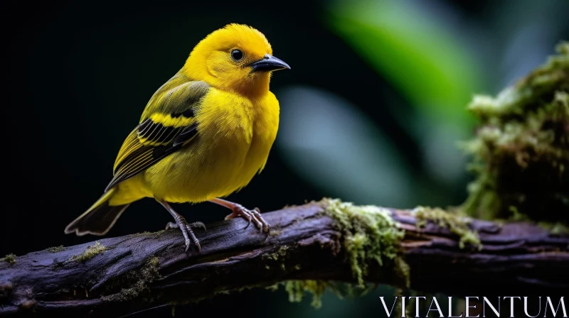 Yellow Bird on Moss-Covered Branch AI Image