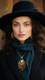 Young Woman Portrait in Black Hat and Coat