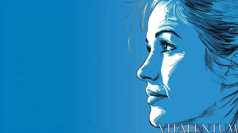 Young Woman Profile Digital Illustration in Blue and White AI Image