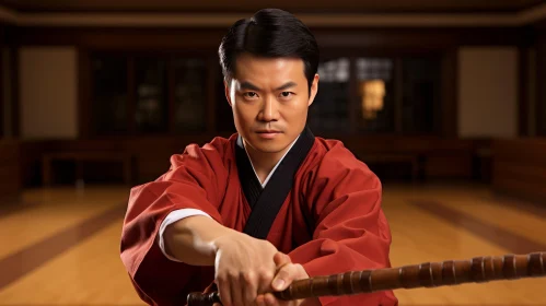 Asian Man in Red Kimono with Bokken Sword in Kendo Stance