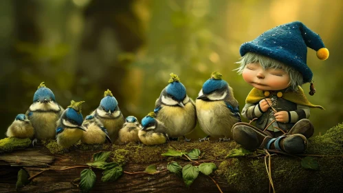 Dreamy Forest Digital Painting with Cute Elf and Blue Birds