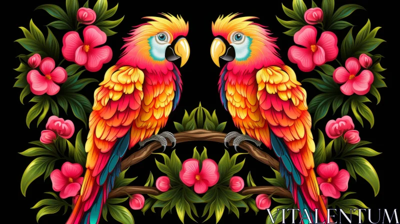 Exotic Parrots in Tropical Setting - Digital Painting AI Image