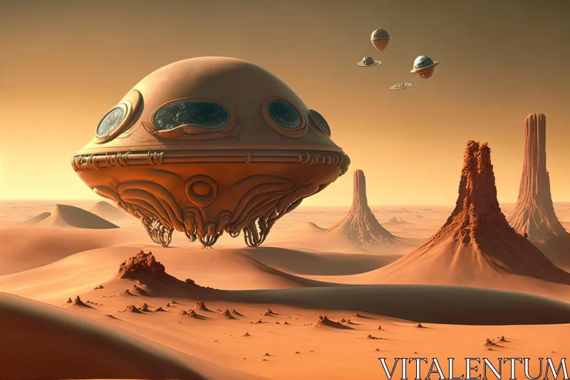 Futuristic Landscape with Flying Saucer and Martians in a Desert AI Image
