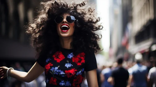 Joyful Woman with Long Curly Hair and Sunglasses in Floral Shirt