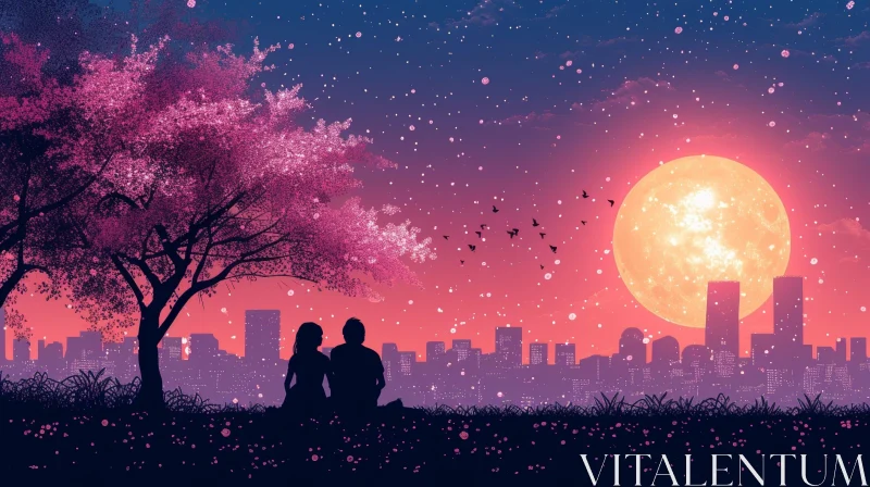Moonlit Cityscape: Romantic Landscape with Blooming Tree AI Image