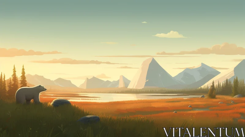Mountain Range Sunset Landscape with Polar Bear AI Image