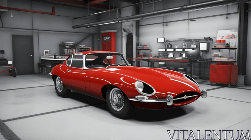 Red Car in Garage: Classic Glamour and Metalworking Mastery AI Image