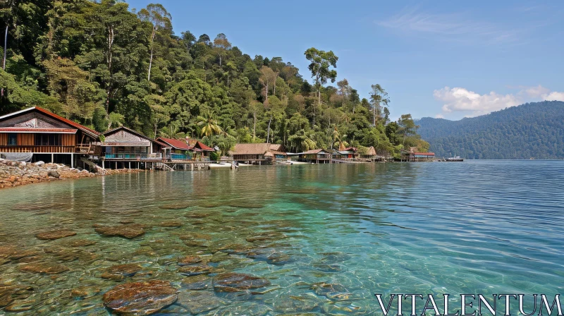 Seascape with Wooden Bungalows on Stilts - A Captivating View AI Image