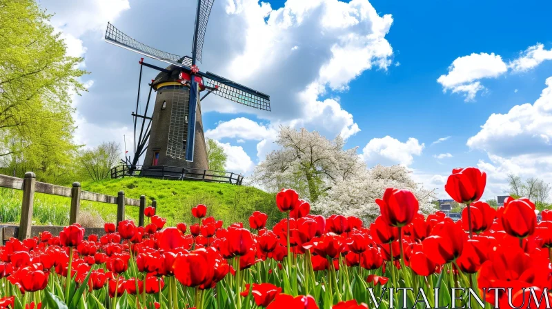 Serene Landscape of the Netherlands with Windmill and Tulips AI Image