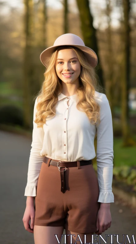 Stylish Woman in Brown Hat and White Blouse AI Image